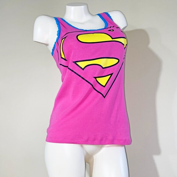 DC COMICS SUPER GIRL LOGO PRE-LOVED L PINK TANK & PINK/BLUE OMBRE STRIPED TIGHTS - Picture 2 of 10